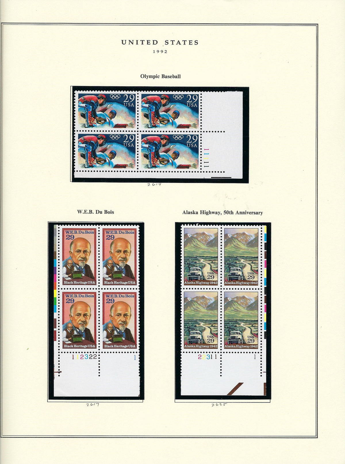 1992 US stamp collector sheet featuring Olympic stamps, W.E.B. Du Bois and Alaska Highway 50th Anniversary stamps