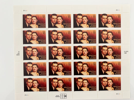 Alfred Lunt & Lynn Fontanne 20 x 33 Cent US Postage Stamps Scot #3287