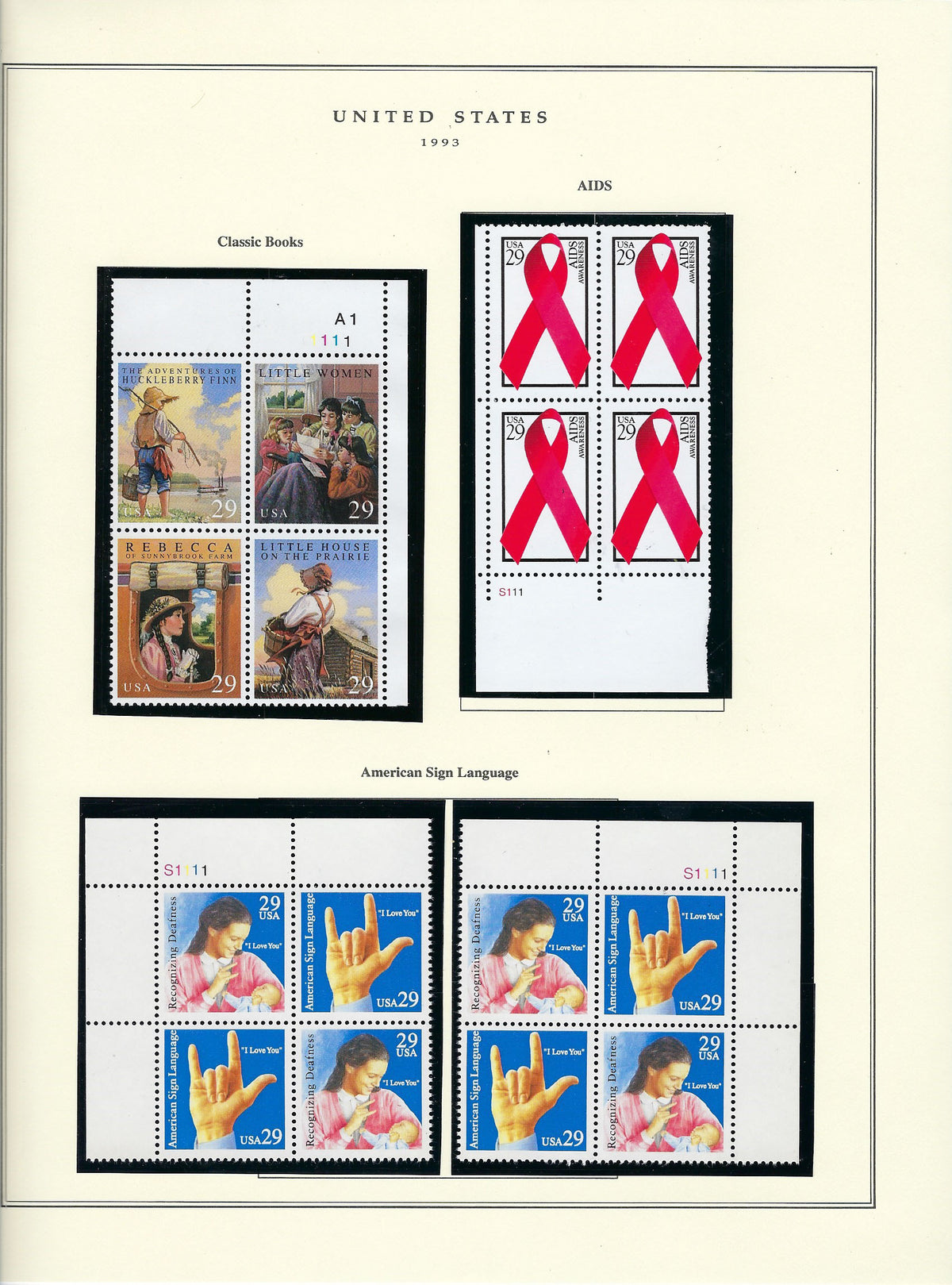 1993 US stamp collector sheet featuring Classic Books, Aids and American Sign Language stamps