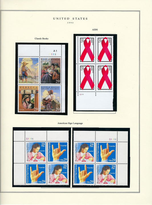 1993 US stamp collector sheet featuring Classic Books, Aids and American Sign Language stamps