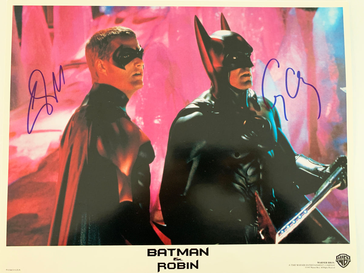 Batman & Robin Chris O'Donnell and George Clooney signed lobby card. GFA Authenticated