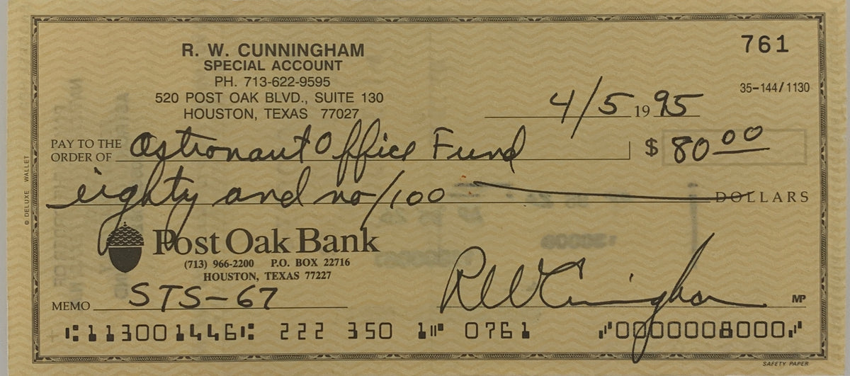 Apollo 7 Astronaut Walter Cunningham signed check