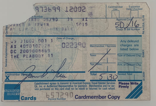 Astronaut James Irwin signed receipt