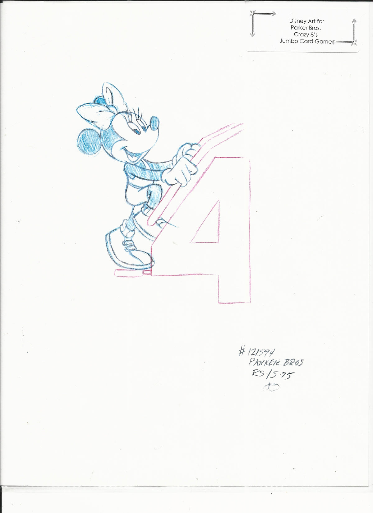 Disney Minnie Mouse original hand drawn art for Parker Bros. Hasbro Crazy 8's card game