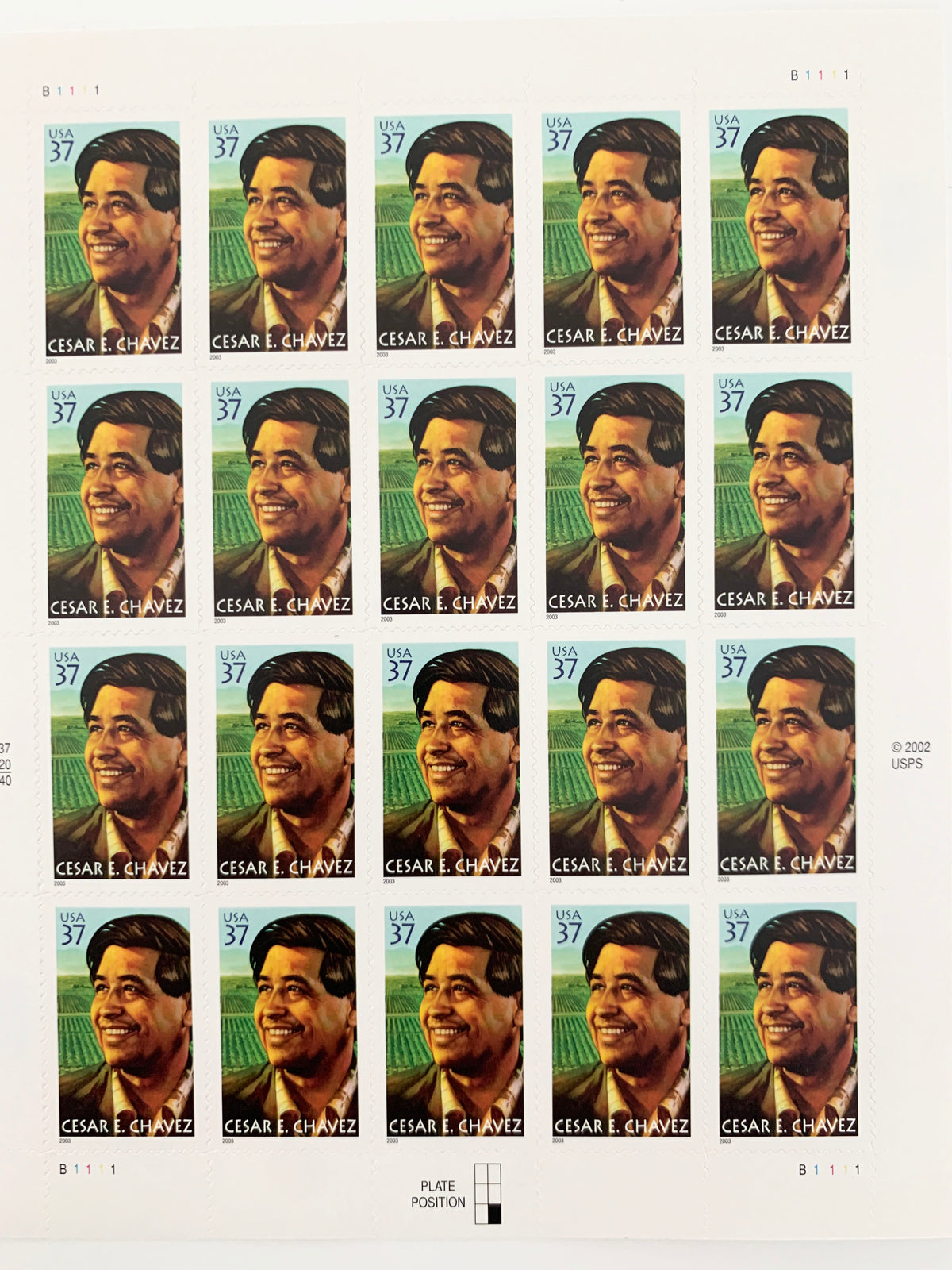 2003 37c Cesar E. Chavez, sheet of 20 Stamps