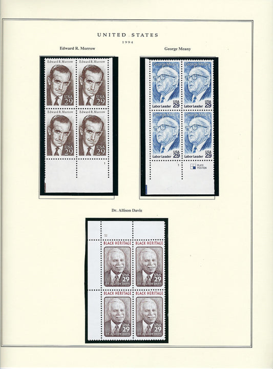 1996 US stamp collector sheet featuring Edward R. Murrow, George Meany and Dr. Allison Davis stamps