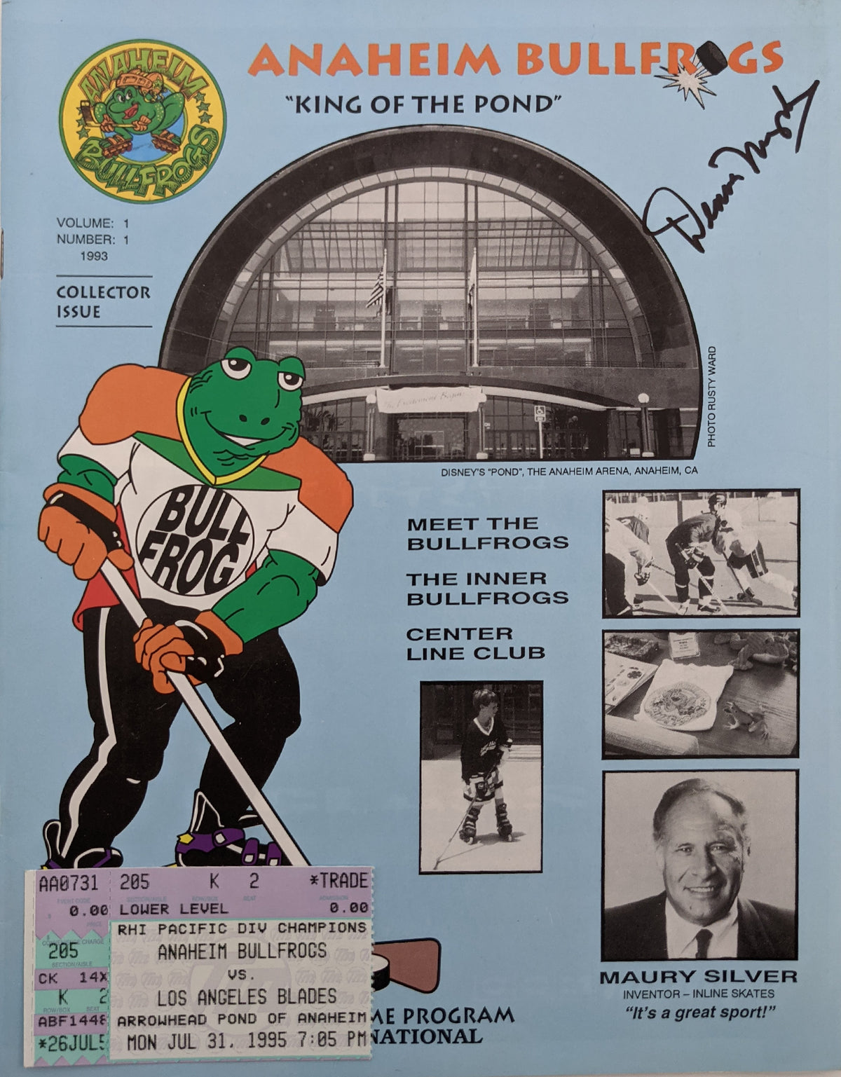 Anaheim Bullfrogs Roller Hockey 1993 Inaugural Season Game Signed Program And Game Ticket