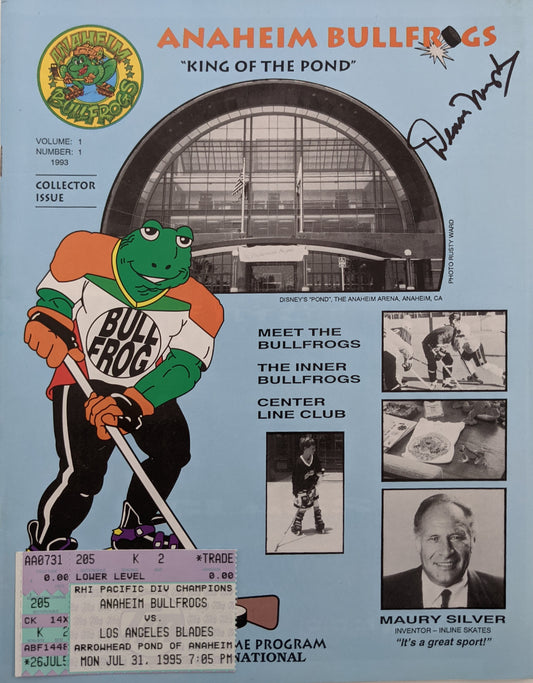 Anaheim Bullfrogs Roller Hockey 1993 Inaugural Season Game Signed Program And Game Ticket