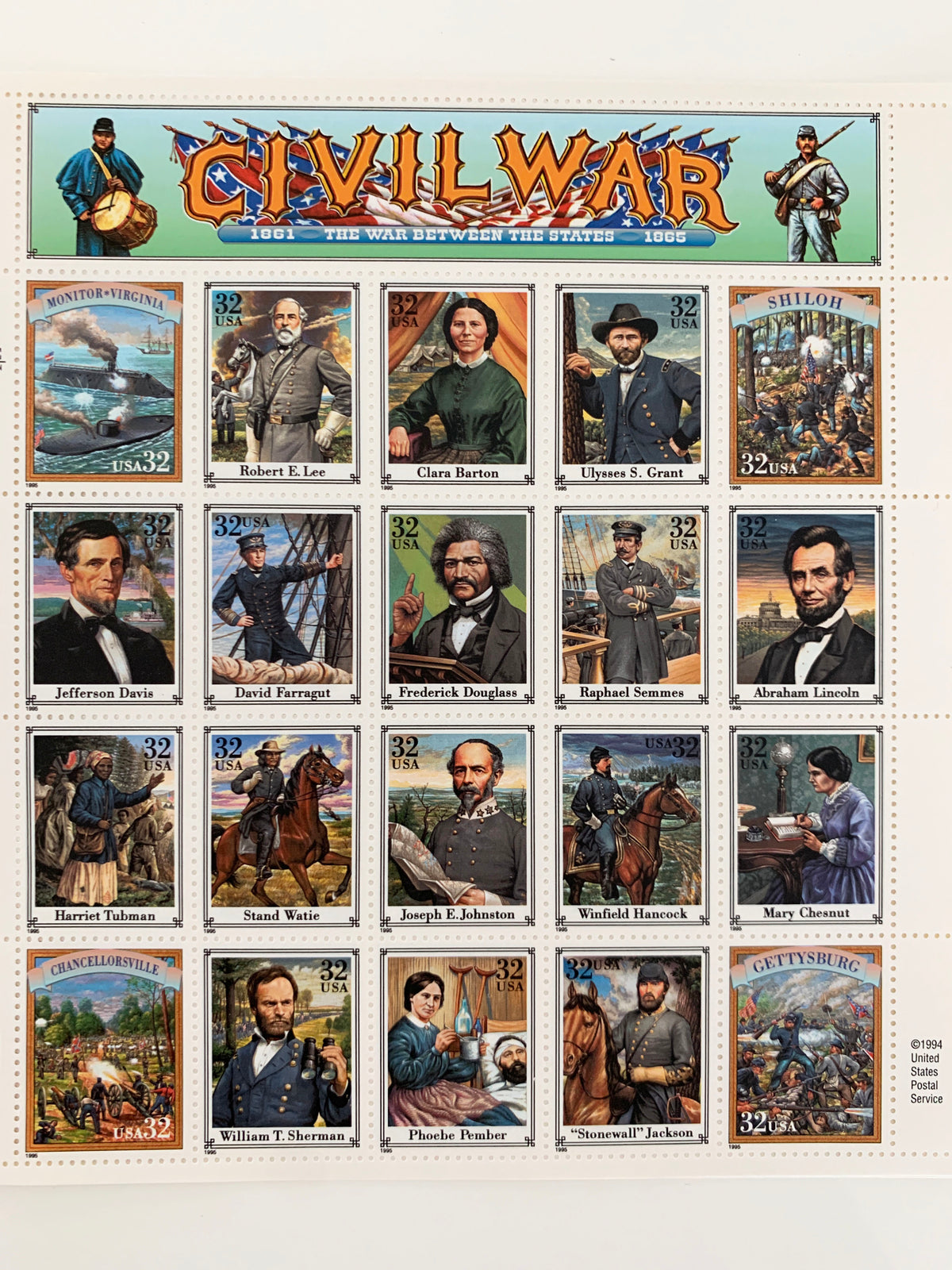 1995 32c Civil War, Abraham Lincoln, Souvenir Sheet of 20 Scott 2975